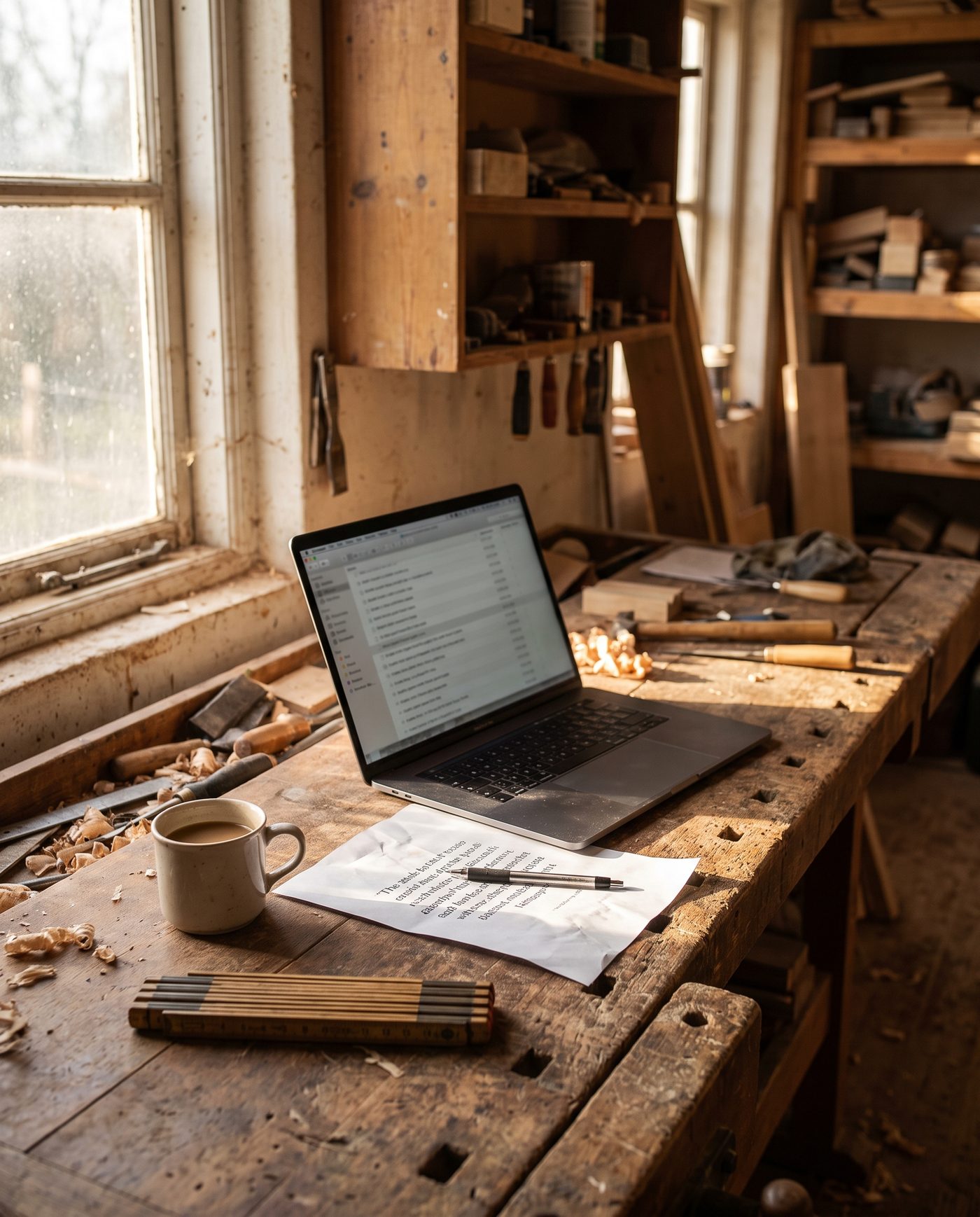 Bureau d'un atelier de menuiserie le matin : ordinateur, devis papier et café