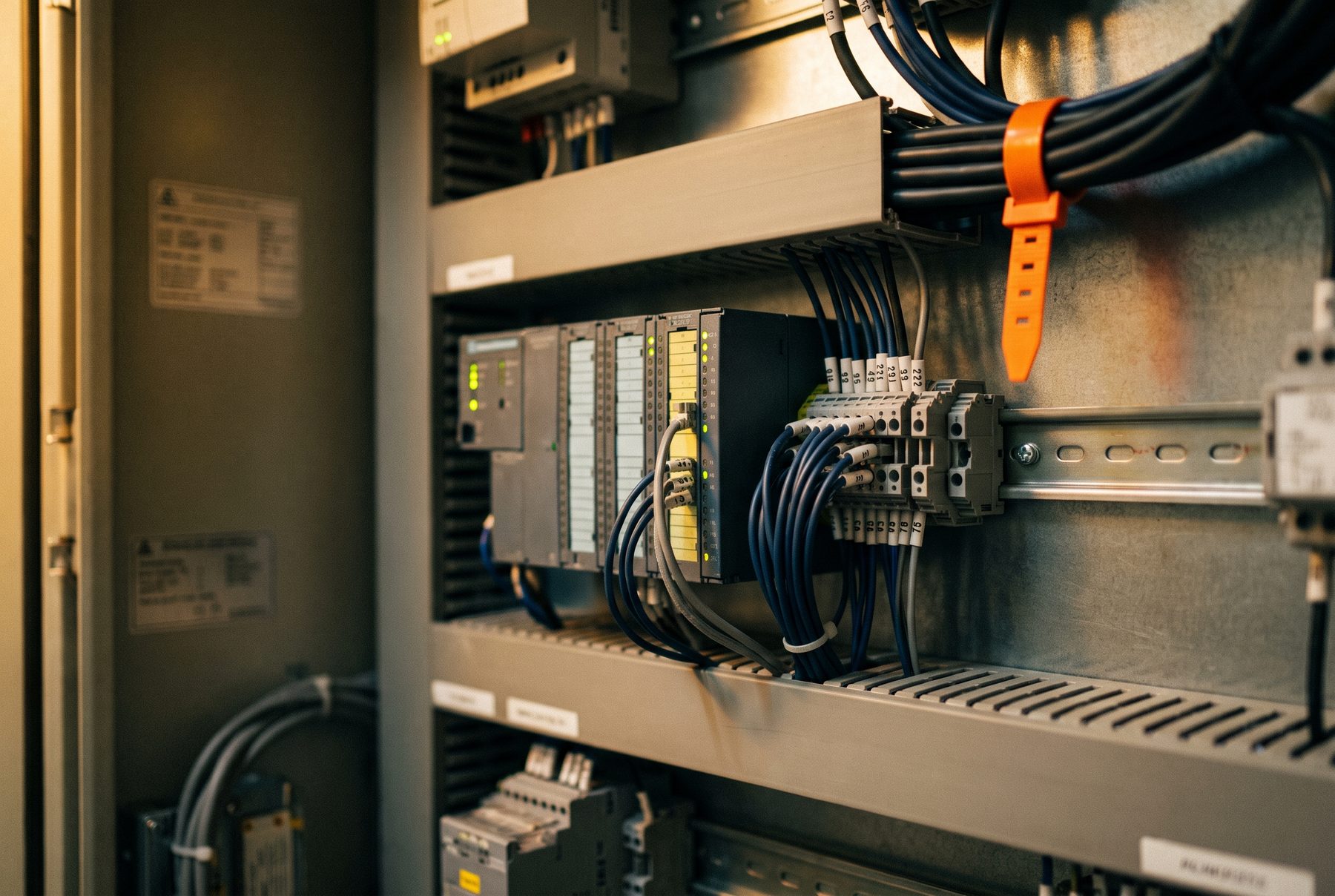 Intérieur d'une armoire de commande industrielle : automate, bornes et câblage repéré