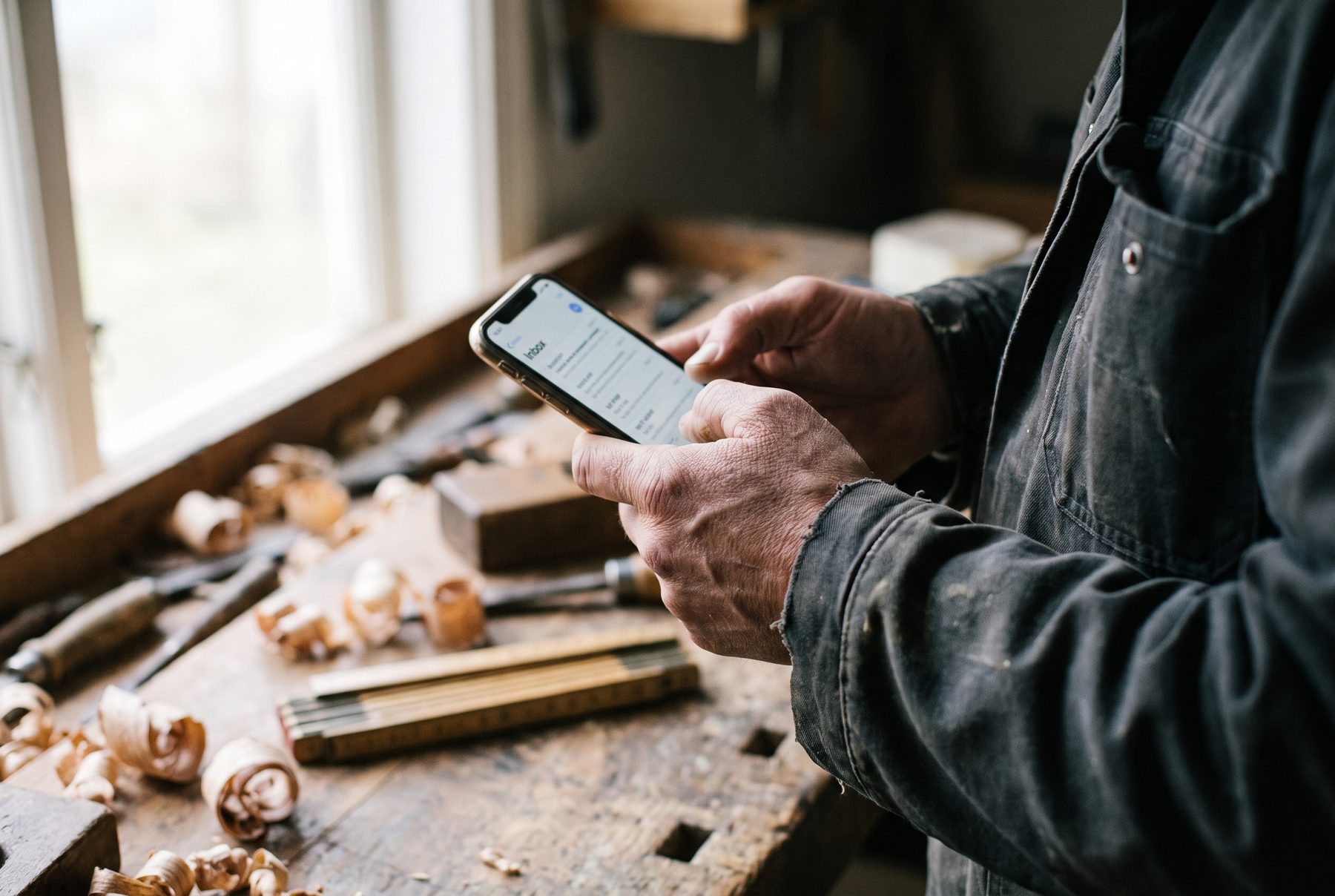 Mains d'un artisan tenant un smartphone dans son atelier, boîte mail à l'écran