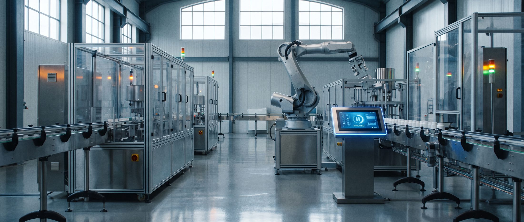 Ligne de production moderne : convoyeurs inox, robot six axes et pupitre HMI